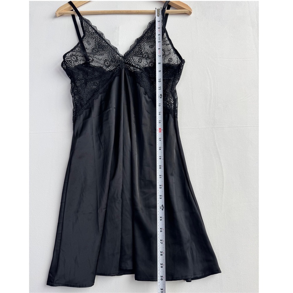 Black Satin and Lace Chemise Sheer Nightgown Mini Slip Dress‎ - Picture 7 of 9